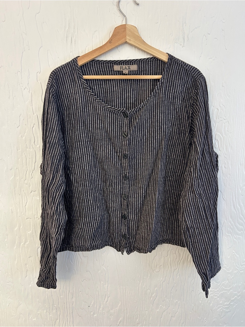 FLAX 100% Linen Striped Button Front Top Large Black Lagenlook Boho Granola